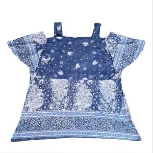 EC AVENUE BLUE PAISLEY COLD SHOULDER SHORT SLEEVE BLOUSE SZ. 26/28